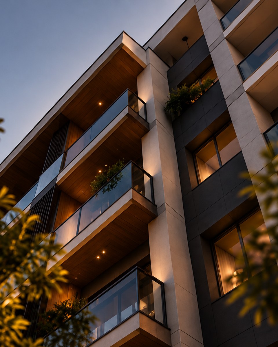 Fachada de edifício residencial contemporâneo ao entardecer, com varandas iluminadas — representando o patrimônio imobiliário administrado pela MS